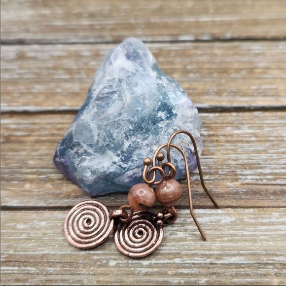 Persephone's Daughter Jewelry - Rhodocrosite and Copper Spiral Drop Earrings